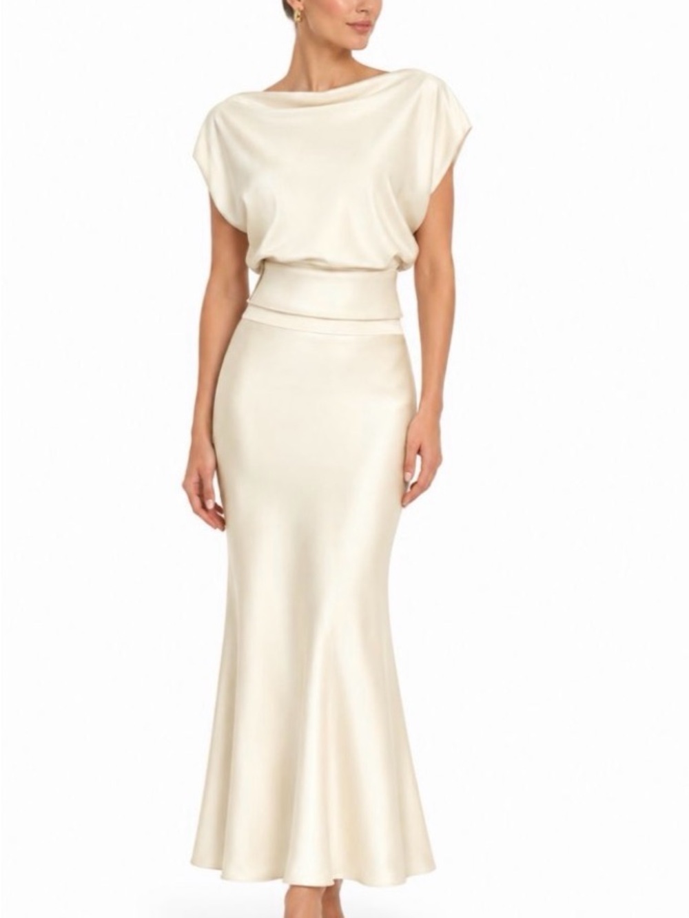 Commense Satin Cowl Neck Top and Skirt Set size Small NWT